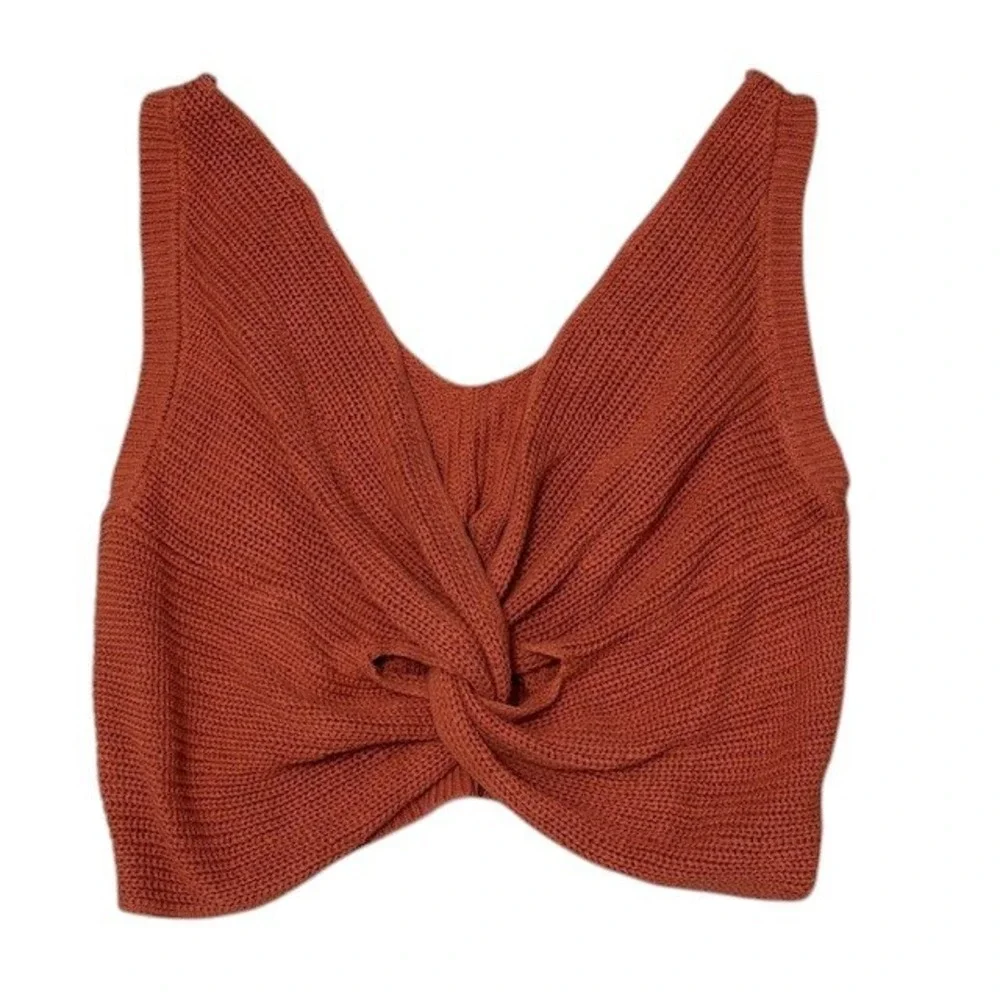Lulus Knit Crop Top Rust Orange‎ Sleeveless V Neck Twist Back Casual Medium - Picture 2 of 11